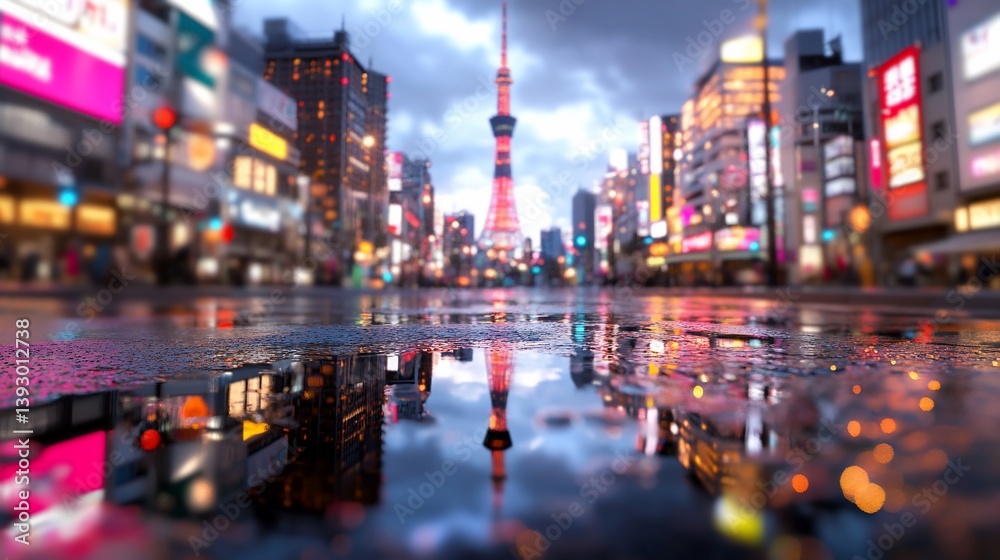 Obraz premium Rainy Tokyo street, tower reflection