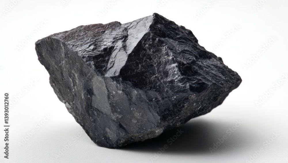 This striking black rock displays a glossy surface, contrasting sharply against the white backdrop. Its raw texture invites exploration of natural mineral formations and geological wonders This striking black rock displays a glossy surface, contrasting sharply against the white backdrop. Its raw texture invites exploration of natural mineral formations and geological wonders