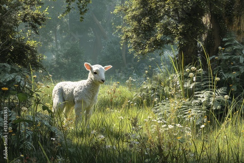 Lamb in Woodland: A serene lamb stands in a vibrant forest scene, surrounded by lush greenery and soft light, creating a sense of peace and tranquility.