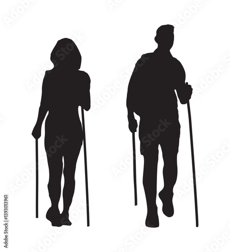 People walks with walking sticks. Man and woman nordic walking. Black motion silhouettes vector isolated
