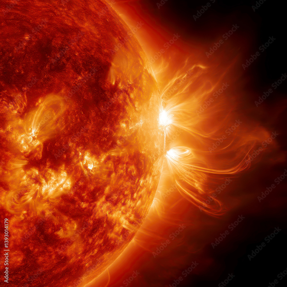 Obraz premium Explosive Solar Flares Erupting on the Sun's Surface in Deep Space. AI generative.