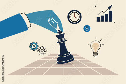 Strategic planning, tactic or strategy to win business competition, marketing analysis or challenge to achieve target, decision based on information concept, businessman hand on strategic chess king.