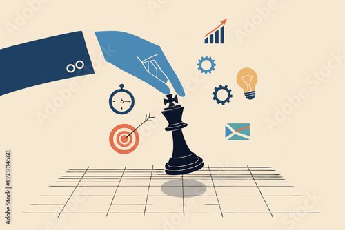 Strategic planning, tactic or strategy to win business competition, marketing analysis or challenge to achieve target, decision based on information concept, businessman hand on strategic chess king.