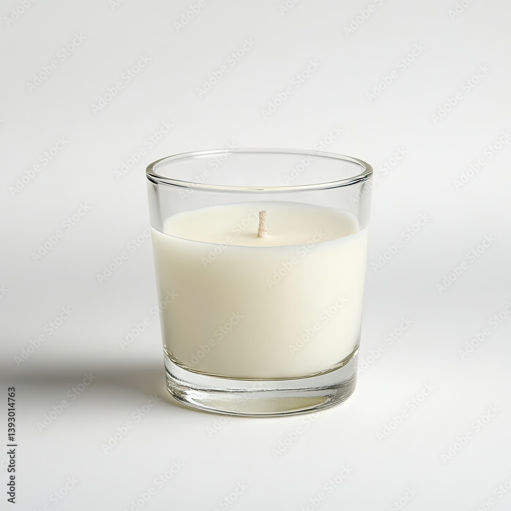 A single, clear glass candle with a white wax A single, clear glass candle with a white wax
