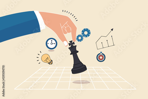 Strategic planning, tactic or strategy to win business competition, marketing analysis or challenge to achieve target, decision based on information concept, businessman hand on strategic chess king.