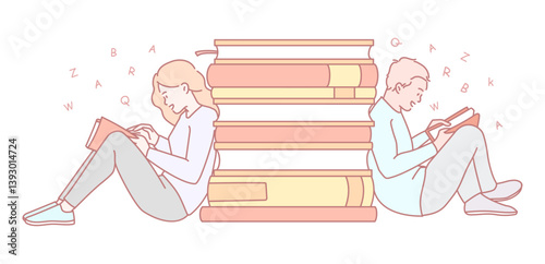 Two young individuals are deeply immersed in their reading activities, surrounded by a stack of books behind them