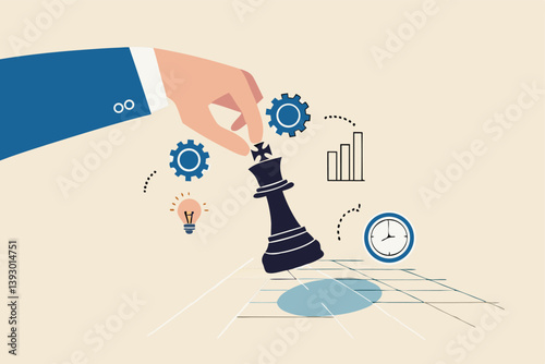 Strategic planning, tactic or strategy to win business competition, marketing analysis or challenge to achieve target, decision based on information concept, businessman hand on strategic chess king.