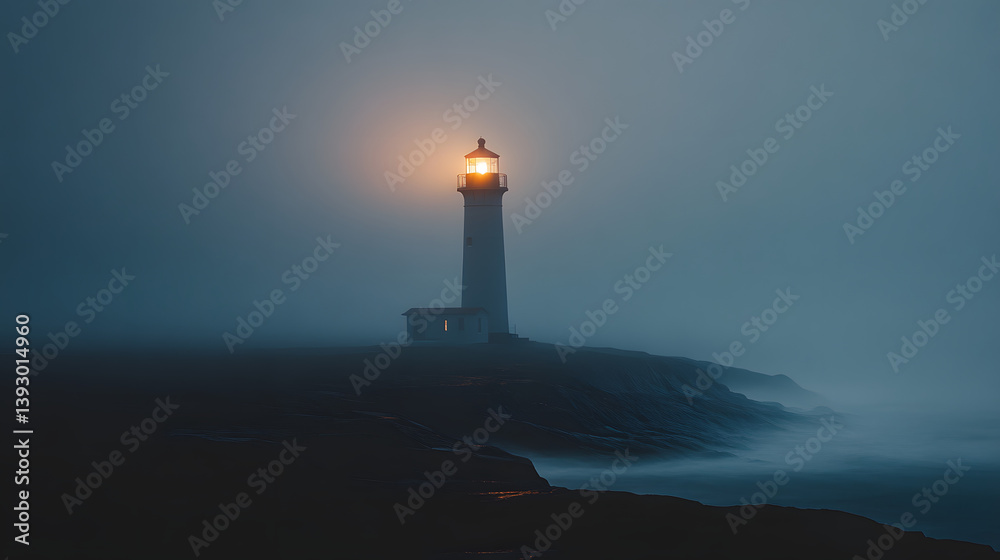 Solitary lighthouse on a dark, rocky coast, its light cutting through the heavy fog, a beacon of hope in the night, guiding sailors through treacherous waters. Solitary lighthouse on a dark, rocky coast, its light cutting through the heavy fog, a beacon of hope in the night, guiding sailors through treacherous waters.