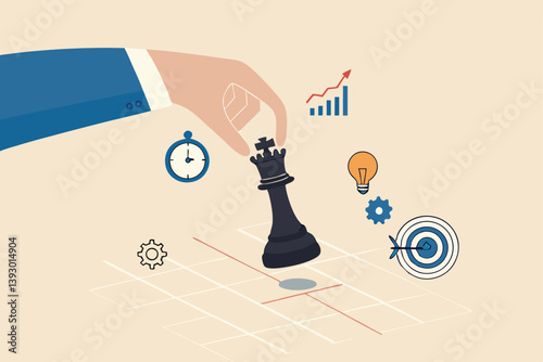 Strategic planning, tactic or strategy to win business competition, marketing analysis or challenge to achieve target, decision based on information concept, businessman hand on strategic chess king.
