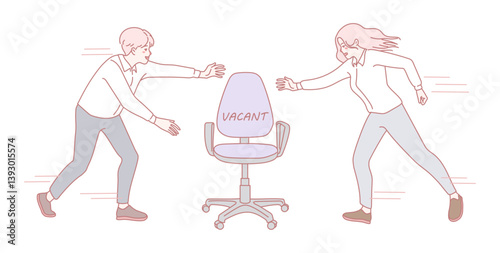 In a lively workplace, two colleagues race to grab an empty office chair, showcasing their spirited competition