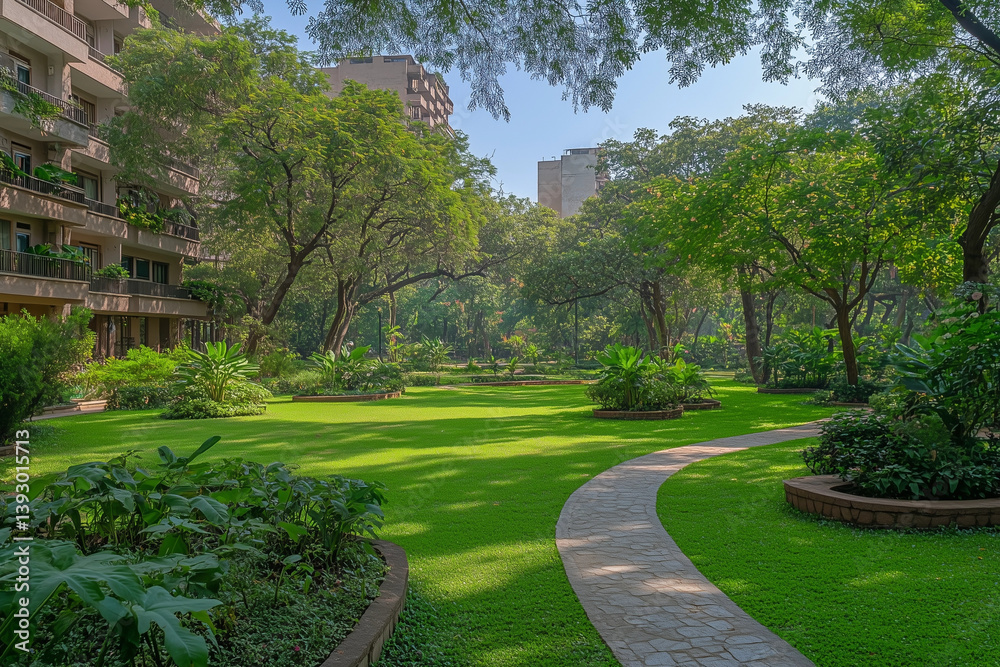 peaceful park with trees and a winding pathway peaceful park with trees and a winding pathway