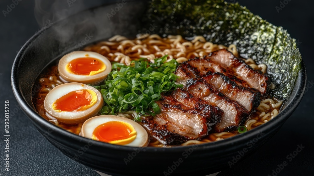 Bowl of steaming ramen with soft-boiled eggs, grilled pork, and seaweed Bowl of steaming ramen with soft-boiled eggs, grilled pork, and seaweed