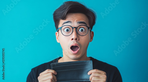 A close-up portrait of a shocked, surprised speechless man asia, holding an empty wallet on blue background  in studio With copy space.