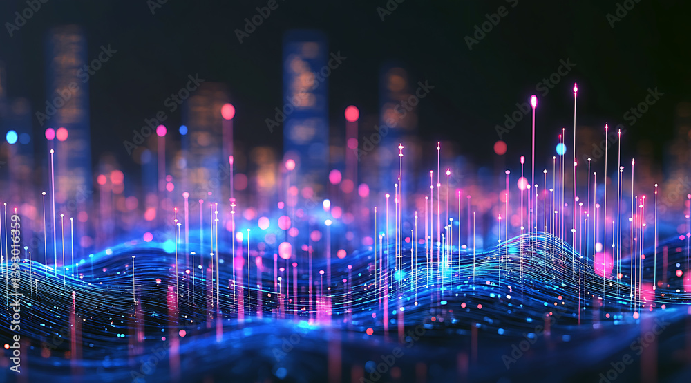 Obraz premium Data streams over undulating networks digital cityscape with light trails and futuristic networks.