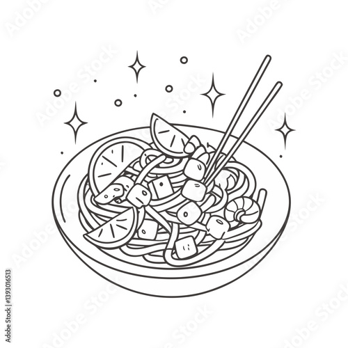 Noodle bowl vector with chopsticks, tofu, and lime slices in detailed black and white line art style
