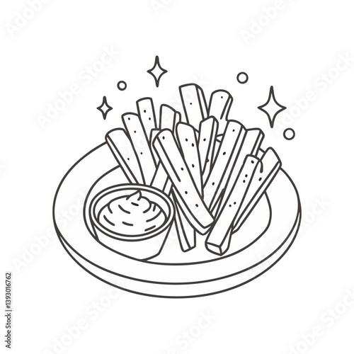 Vector churros on plate with dipping sauce in clean black line art style and decorative sparkles
