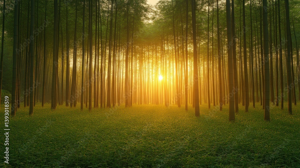 Fototapeta premium Golden Sunlight Piercing Forest