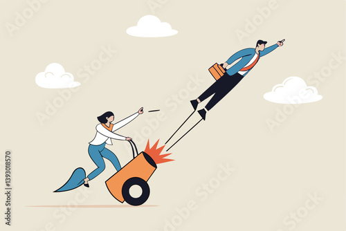 Coaching help boost career advancement, mentor or motivation to boost productivity, help or manager support for career development, entrepreneur launch, woman ignite cannon to launch businessman.