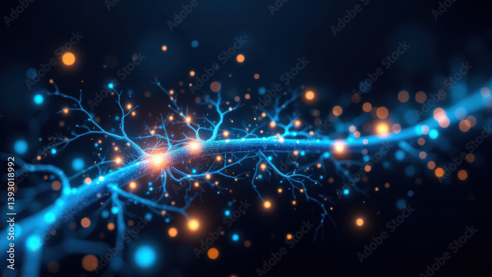 Fototapeta premium Vagus Nerve Stimulation visualized with sparkles and neural network patterns, illustrating electrical impulses along nerve fibers.
