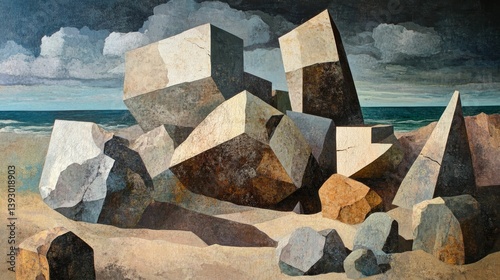 Abstract painting of geometric rock formations on a beach with ocean background.