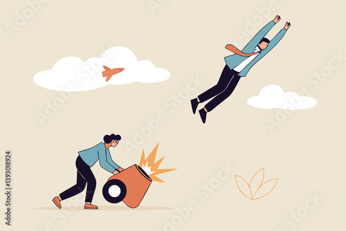 Coaching help boost career advancement, mentor or motivation to boost productivity, help or manager support for career development, entrepreneur launch, woman ignite cannon to launch businessman.