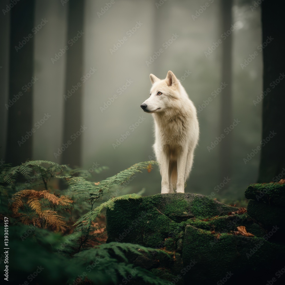 Obraz premium Majestic Dire Wolf Standing in Serene Foggy Forest Landscape