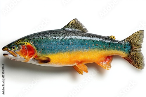 Whole fresh salmon laid cleanly on white background, glistening with marine freshness