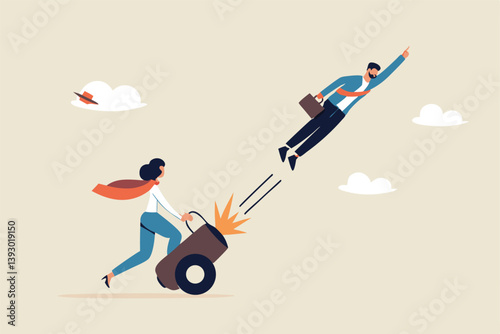Coaching help boost career advancement, mentor or motivation to boost productivity, help or manager support for career development, entrepreneur launch, woman ignite cannon to launch businessman.
