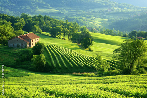 Rolling green fields with farmhouse and scenic landscape