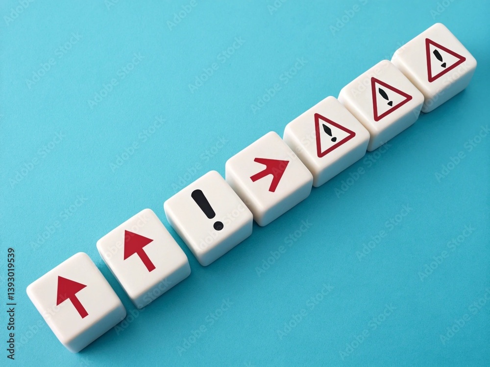 Obraz premium A line of white cubes with upward arrows is interrupted by a single red cube displaying exclamation marks