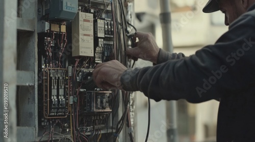 An electrician working on electrical panels at a construction site. Featuring focus and expertise