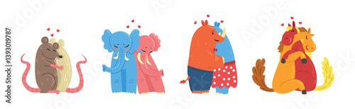 Animal Couple in Love Embrace and Hug Vector Set
