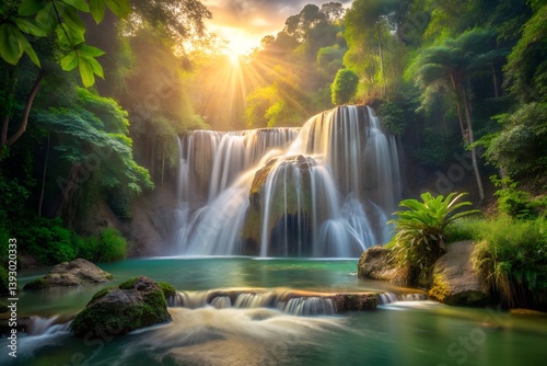 A waterfall in the jungle at dusk, soft sunlight casting a golden glow on the water, lush green surroundings, mist rising from the water