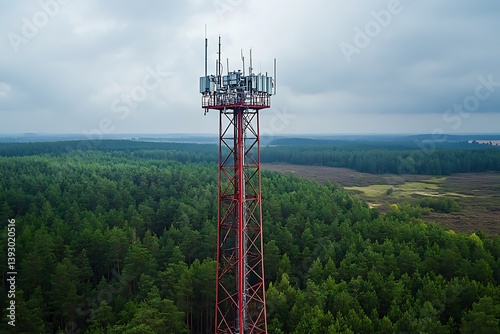 A tall red communication tower stands over a lush green forest area