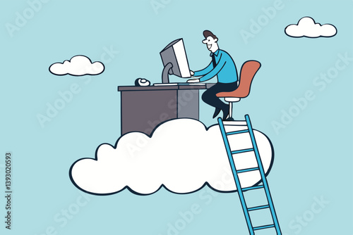 Dream job or ideal work, perfect workplace or career success, opportunity for best job, promotion or aspiration concept, success businessman working dream job on his desk on the cloud with ladder.