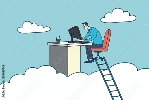 Dream job or ideal work, perfect workplace or career success, opportunity for best job, promotion or aspiration concept, success businessman working dream job on his desk on the cloud with ladder.