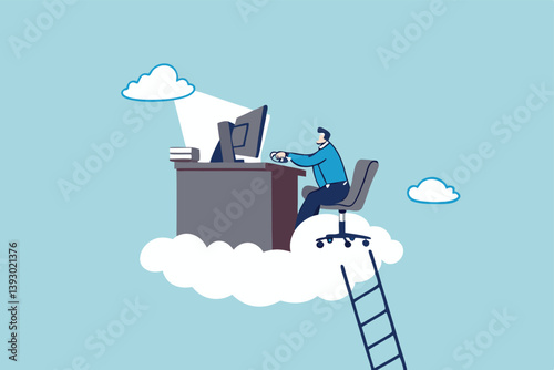 Dream job or ideal work, perfect workplace or career success, opportunity for best job, promotion or aspiration concept, success businessman working dream job on his desk on the cloud with ladder.