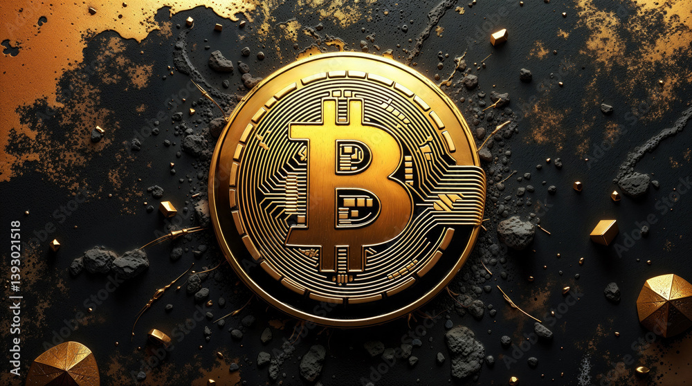 golden Bitcoin coin on a dark textured background