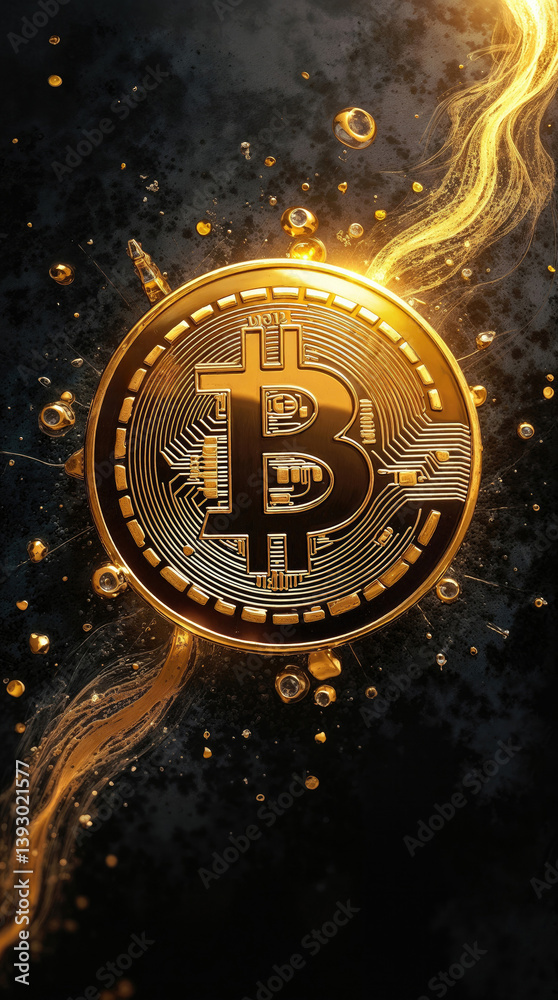 golden Bitcoin coin on a dark textured background