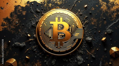 Obraz na płótnie golden Bitcoin coin on a dark textured background w salonie