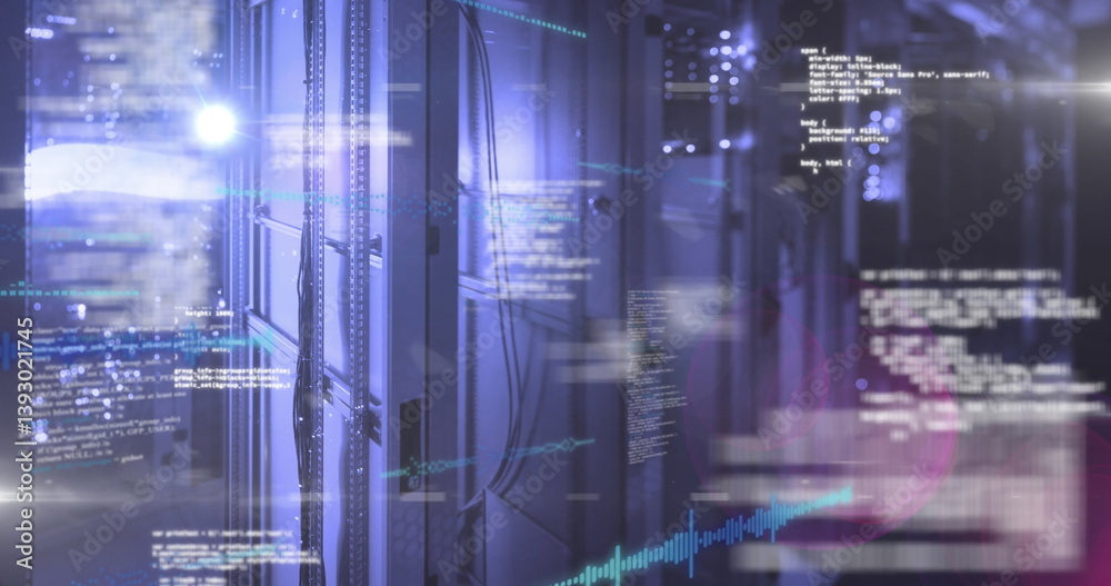 Fototapeta premium Image of data processing over modern buildings