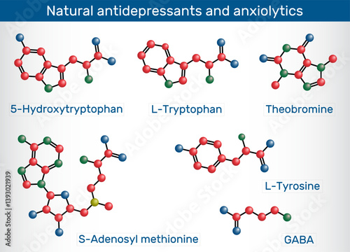 Natural antidepressants and anxiolytics. 5-Hydroxytryptophan, L-Tryptophan, Theobromine, L-Tyrosine, S-Adenosyl methionine, GABA molecule