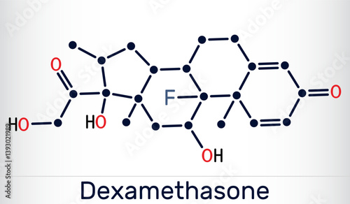 Dexamethasone molecule chemical structure. Corticosteroid medication. Scientific vector illustration