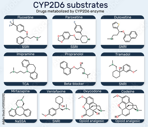 CYP2D6 substrates molecule. Fluoxetine, paroxetine, duloxetine, venlafaxine, tramadol, codeine, imipramine, mirtazapine, oxycodone, propranolol metabolized by cytochrome P450 enzyme.