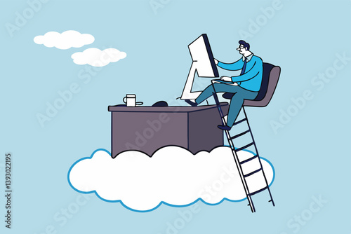 Dream job or ideal work, perfect workplace or career success, opportunity for best job, promotion or aspiration concept, success businessman working dream job on his desk on the cloud with ladder.