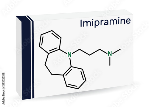 Imipramine molecule. Tricyclic antidepressant, TCA for treating depression. Skeletal chemical formula. Paper packaging for drugs.