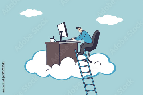 Dream job or ideal work, perfect workplace or career success, opportunity for best job, promotion or aspiration concept, success businessman working dream job on his desk on the cloud with ladder.