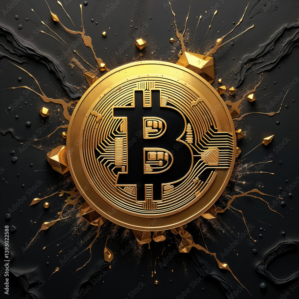 golden Bitcoin coin on a dark textured background