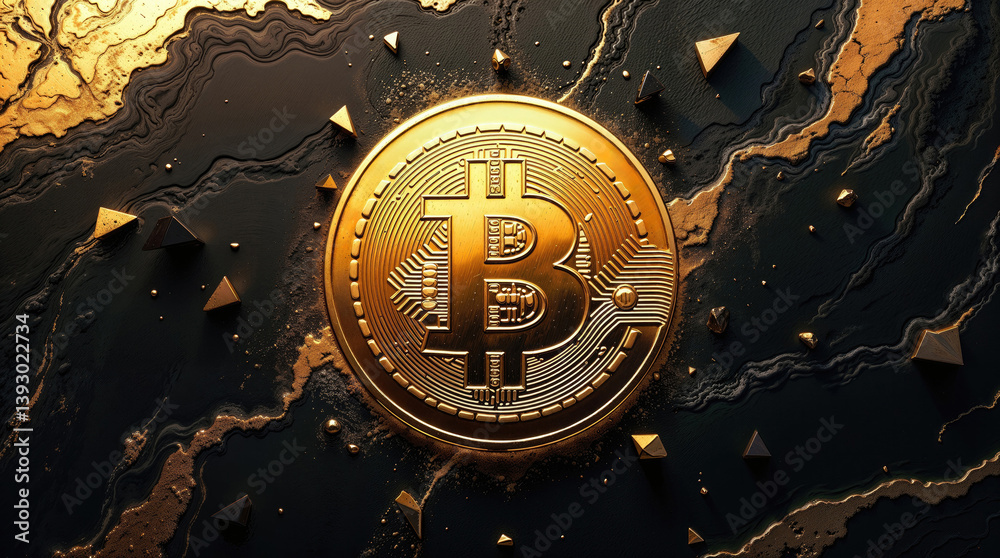 golden Bitcoin coin on a dark textured background