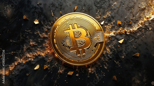 golden Bitcoin coin on a dark textured background